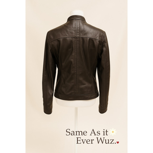 Freda M Brown Faux Leather Moto Jacket Gold Zip Pockets Vegan PVC Lined - Picture 2 of 13